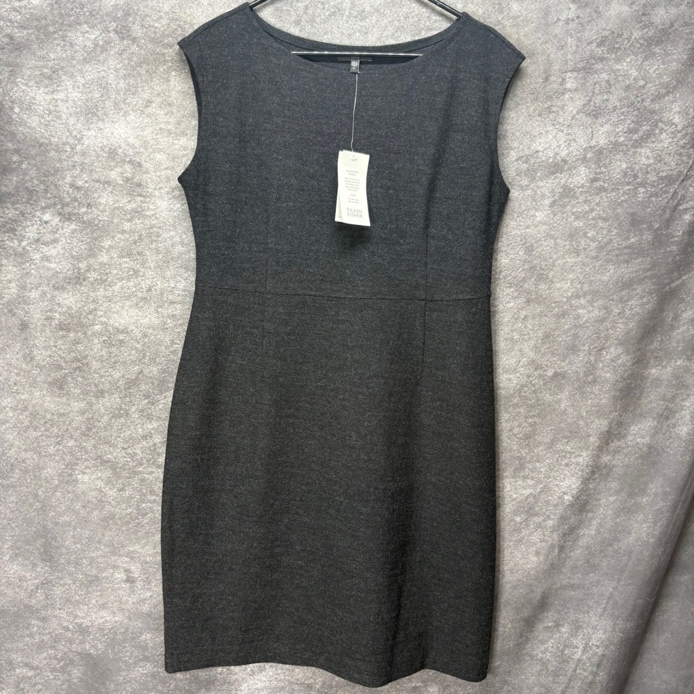 Eileen Fisher Knee Length Boat Neck Shift Dress Size PL Charcoal Gray 100% Wool